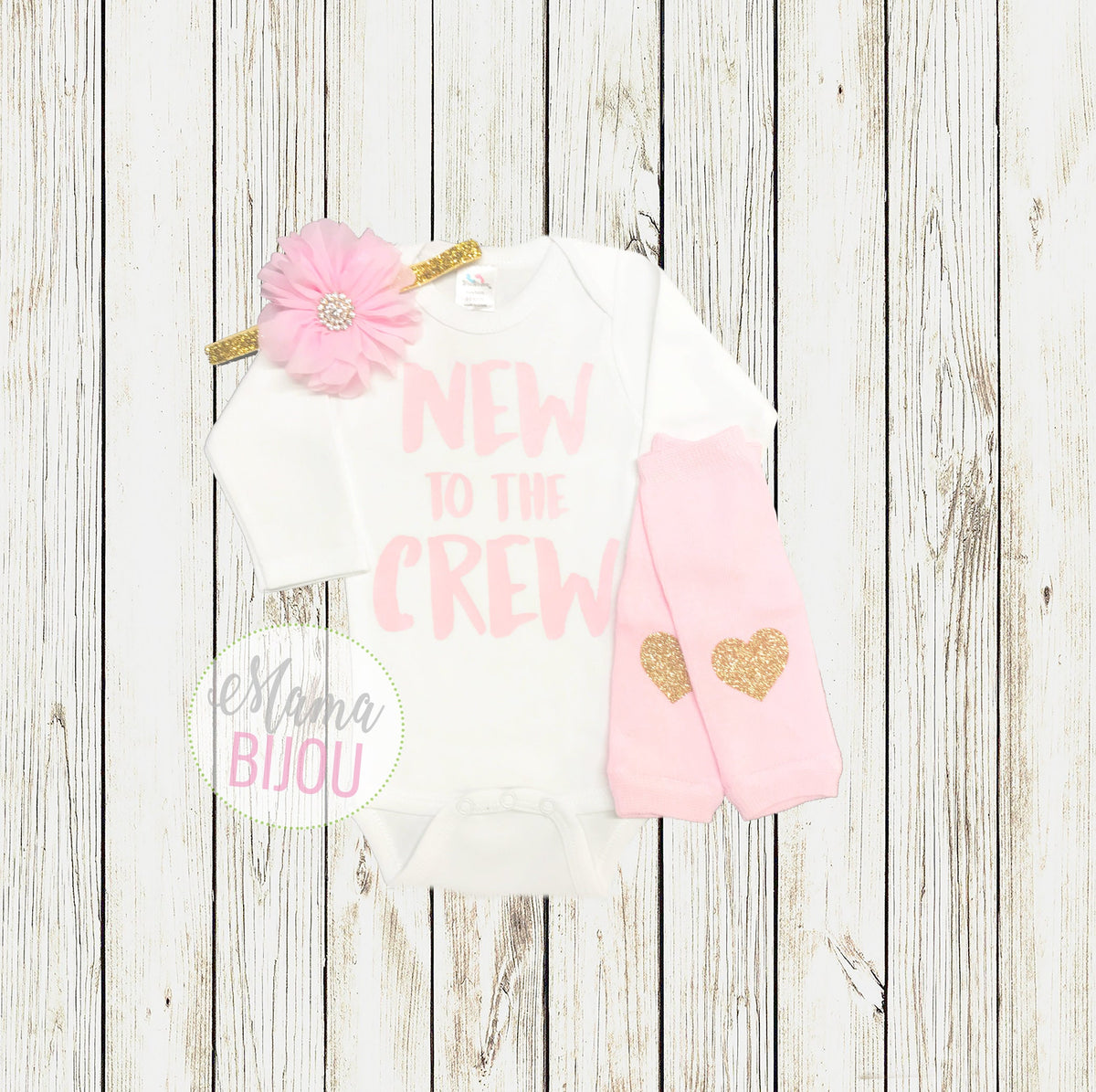 Newborn Girl Outfit: "New to The Crew" Bodysuit, Leg Warmers & Headband