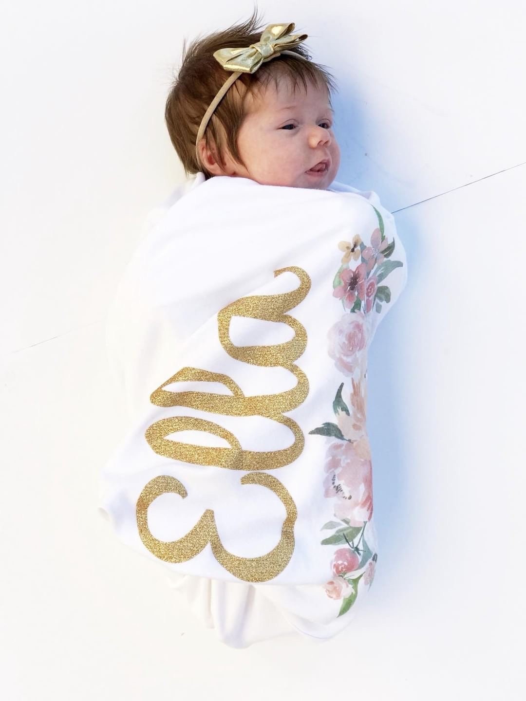 Personalized Baby Blanket: Peach Floral Swaddle, Headband Set