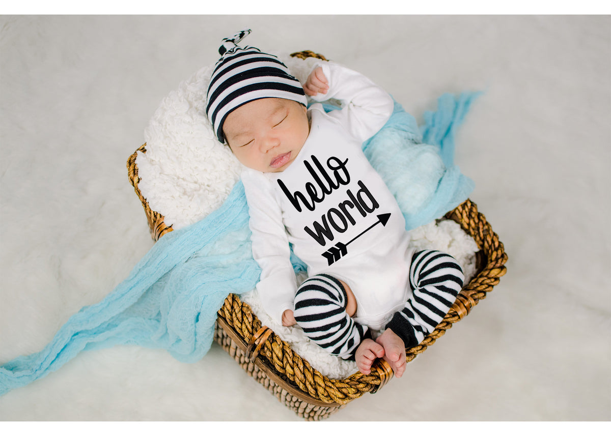 Baby Boy Coming Home Outfit: Hello World Bodysuit, Hat & Leg Warmers