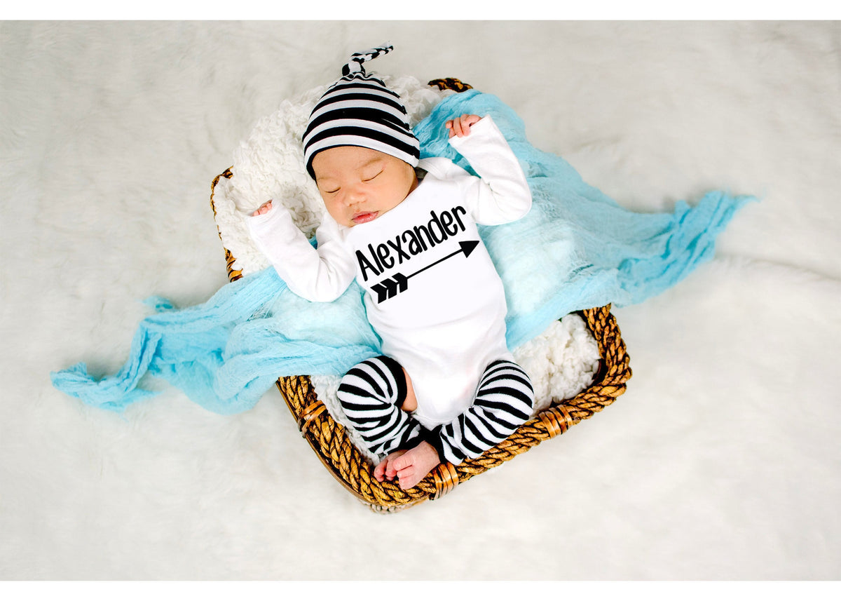 Personalized Newborn Boy Outfit: Arrow Bodysuit, Leg Warmers