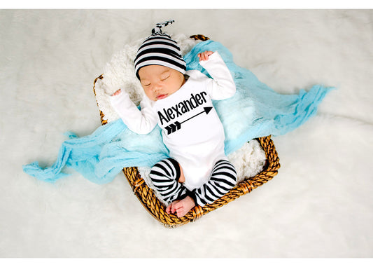 Personalized Newborn Boy Outfit: Arrow Bodysuit, Leg Warmers