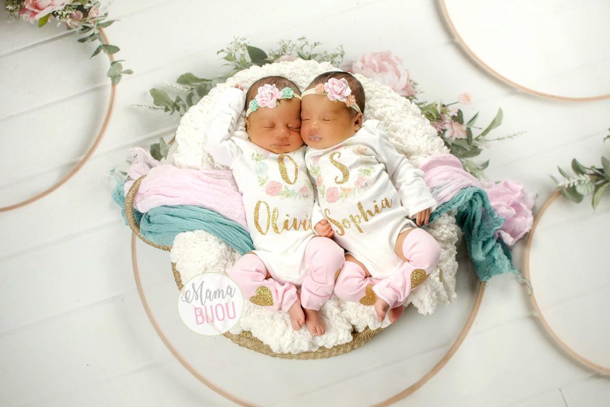 Twin Girls Coming Home Outfit: Personalized Boho Flower Gowns