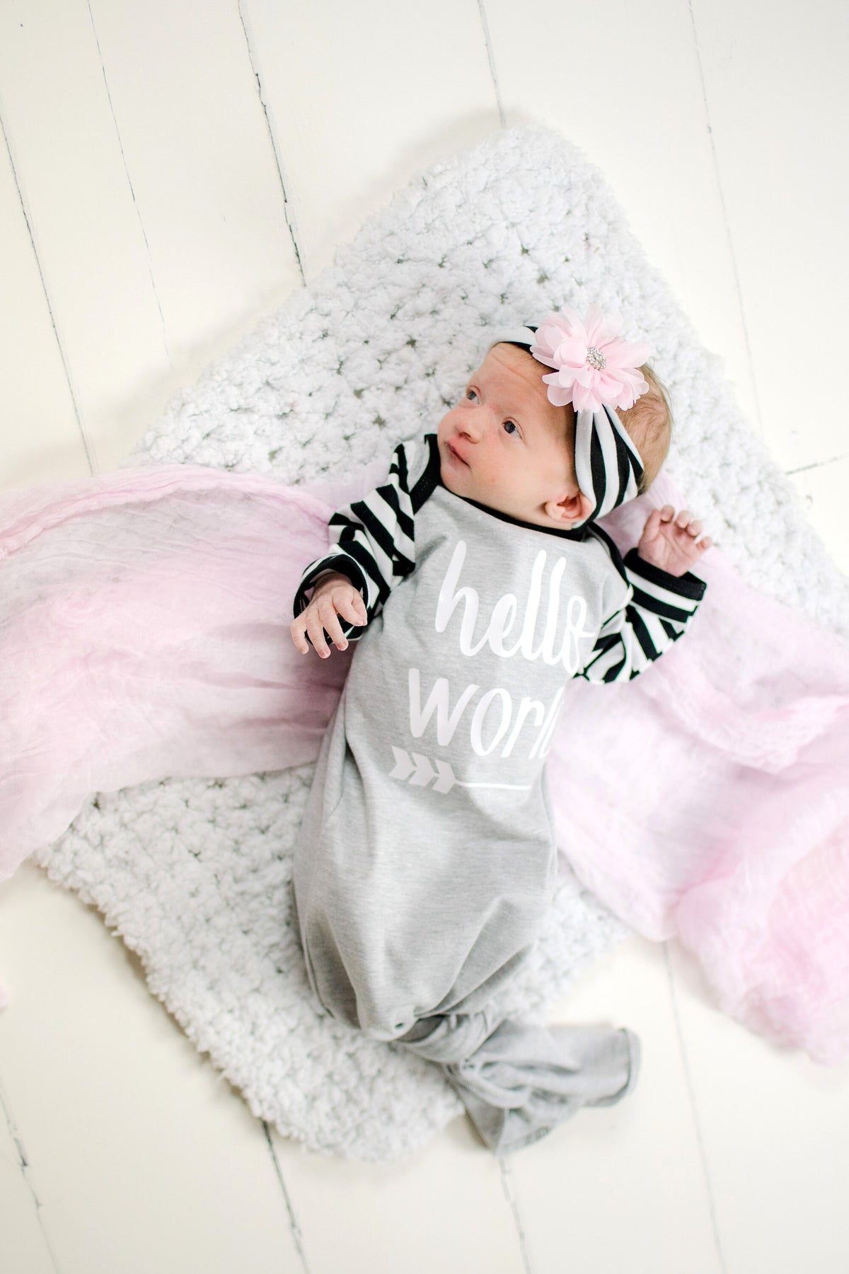 Gender Neutral Coming Home Outfit: Hello World Gown, Stripe Hat & Headband