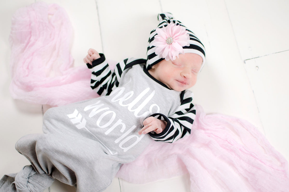 Gender Neutral Coming Home Outfit: Hello World Gown, Stripe Hat & Headband