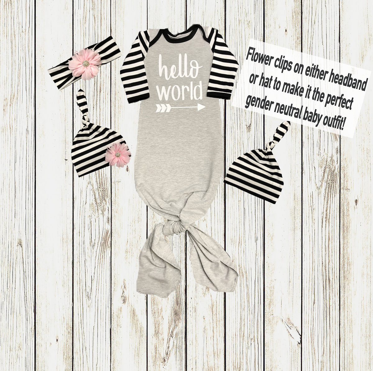 Gender Neutral Coming Home Outfit: Hello World Gown, Stripe Hat & Headband