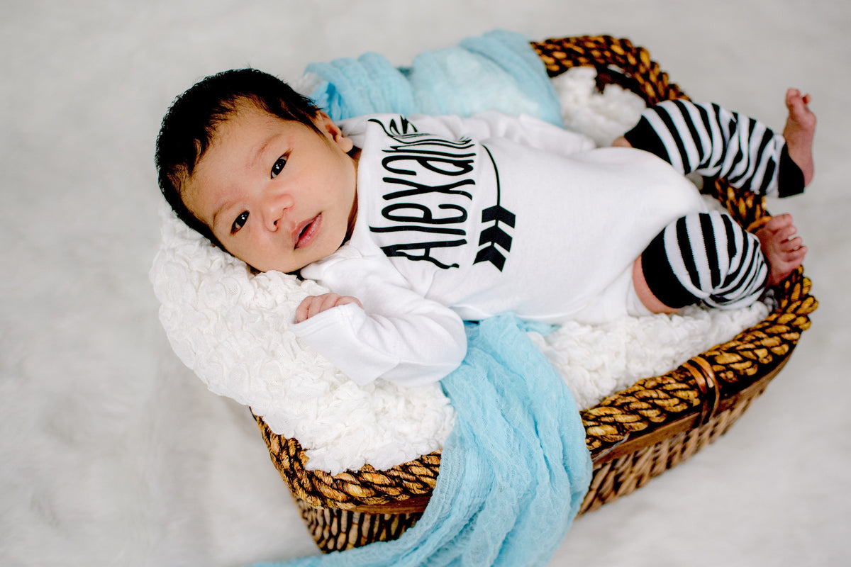 Personalized Newborn Boy Outfit: Arrow Bodysuit, Leg Warmers