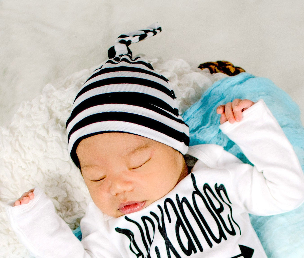 Newborn Boy Knotted Beanie Hat Black White Stripe