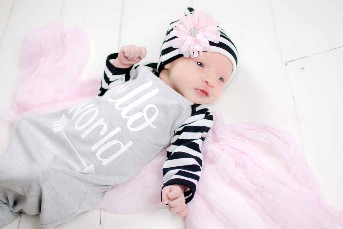 Gender Neutral Coming Home Outfit: Hello World Gown, Stripe Hat & Headband