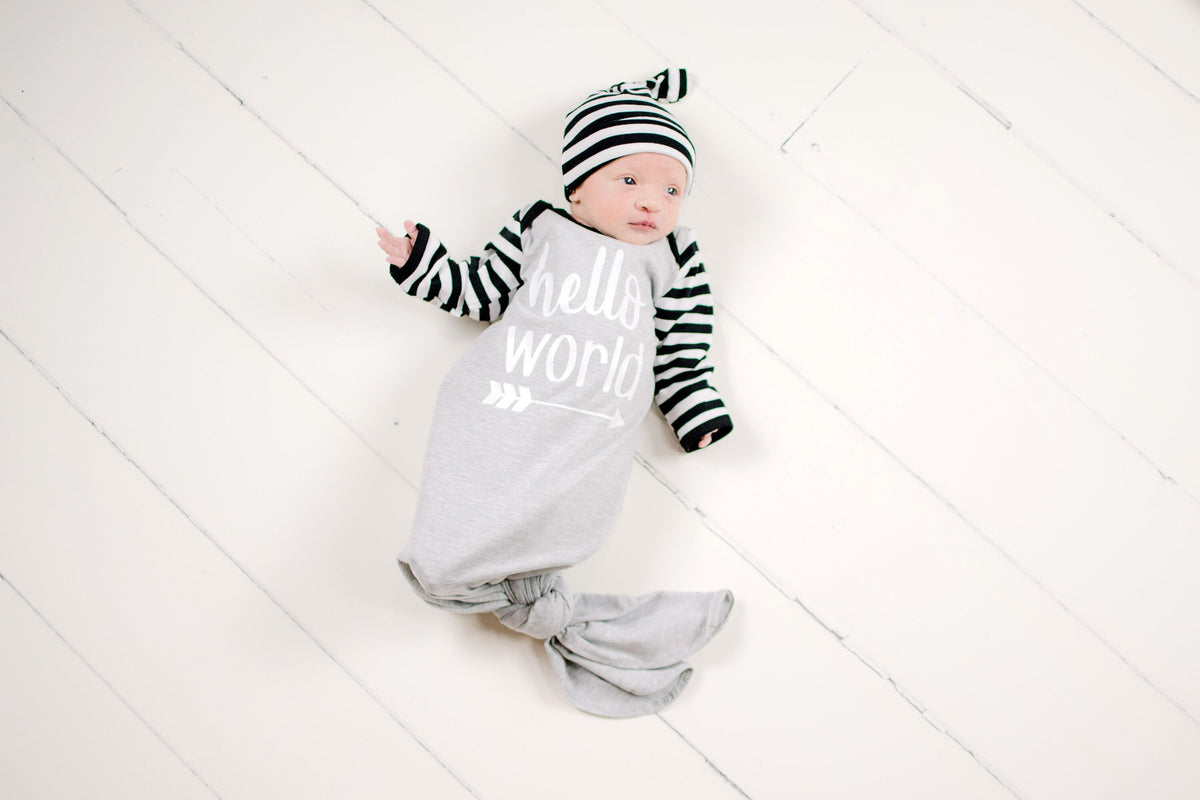 Gender Neutral Coming Home Outfit: Hello World Gown, Stripe Hat & Headband