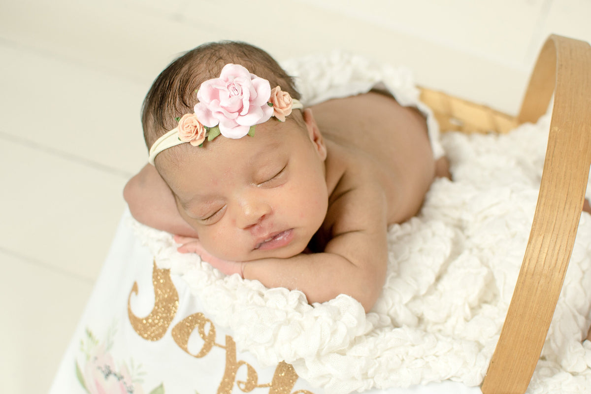 Boho Baby Girl Headband: Pink Peach Flower Newborn Photo Prop