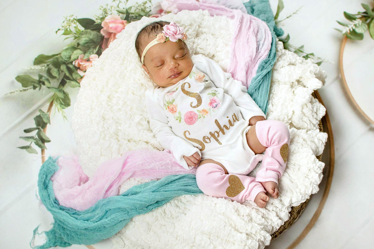 Newborn Girl Swaddle Blanket Headband Personalized Baby Blanket Receiving Blanket Floral Swaddling Blanket Boho Baby Shower Gift Girl Set