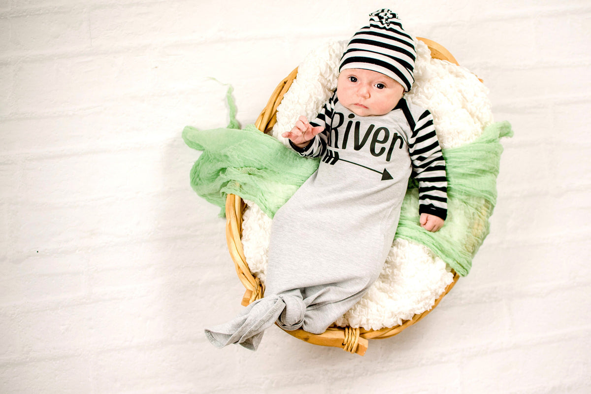 Personalized Newborn Boy Knotted Gown Outfit: Striped Sleeves, Leg Warmers