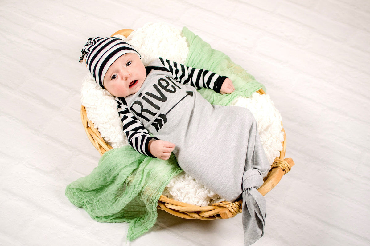 Personalized Newborn Boy Knotted Gown Outfit: Striped Sleeves, Leg Warmers