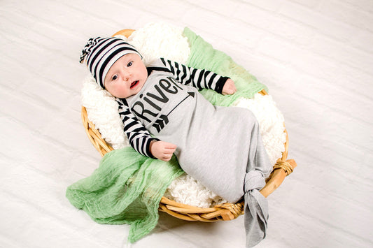 Personalized Newborn Boy Knotted Gown Outfit: Striped Sleeves, Leg Warmers
