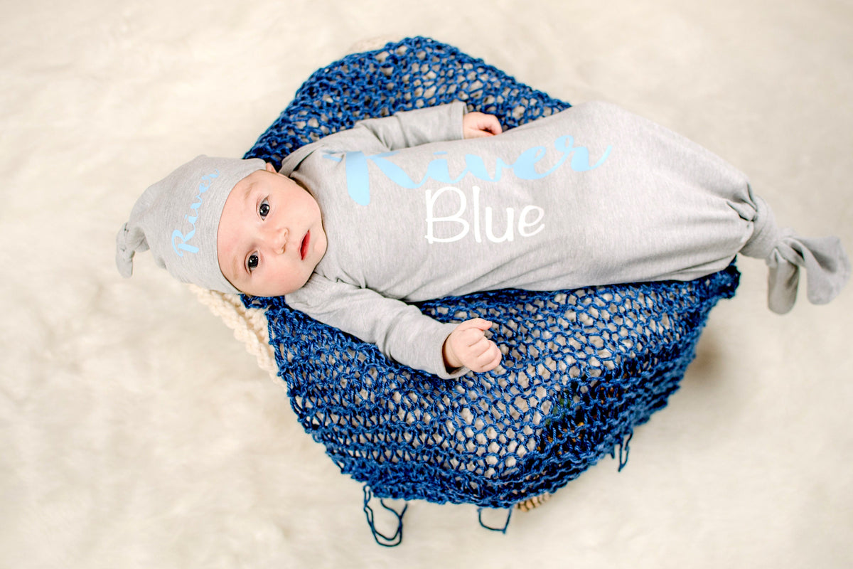 Personalized Baby Boy Knotted Gown: Newborn Coming Home Outfit