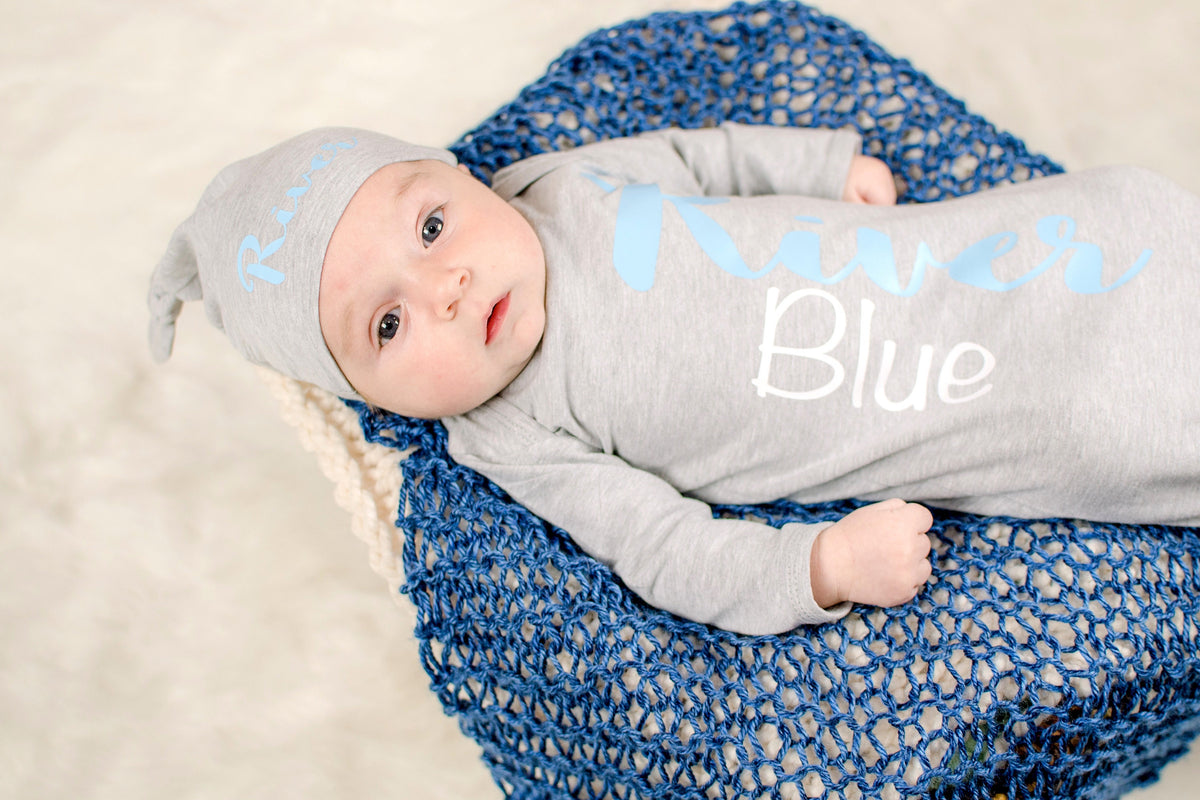 Personalized Baby Boy Knotted Gown: Newborn Coming Home Outfit