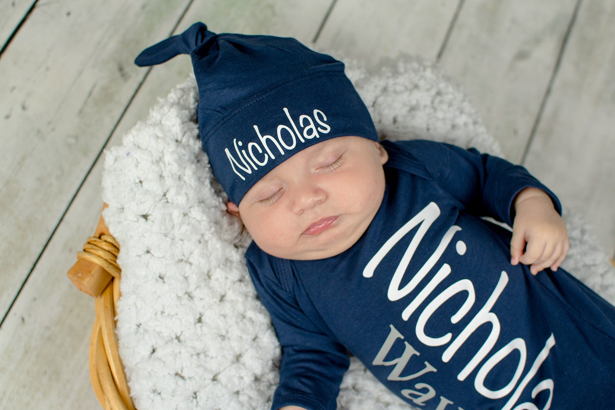 Personalized Newborn Boy Knotted Gown: Navy Baby Coming Home Outfit