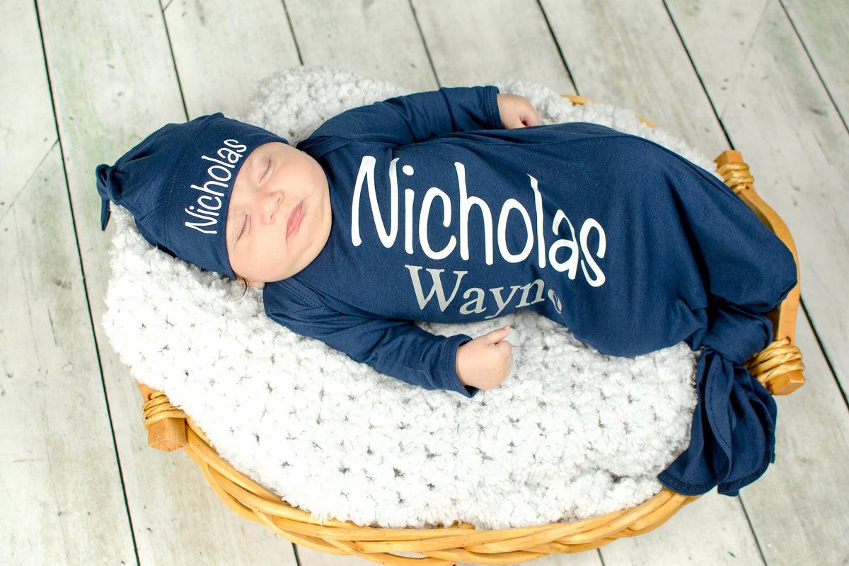 Personalized Newborn Boy Knotted Gown: Navy Baby Coming Home Outfit