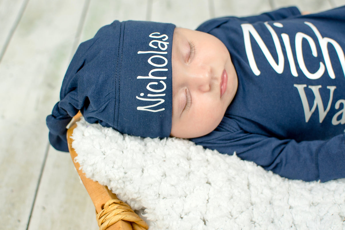 Personalized Newborn Boy Knotted Gown: Navy Baby Coming Home Outfit