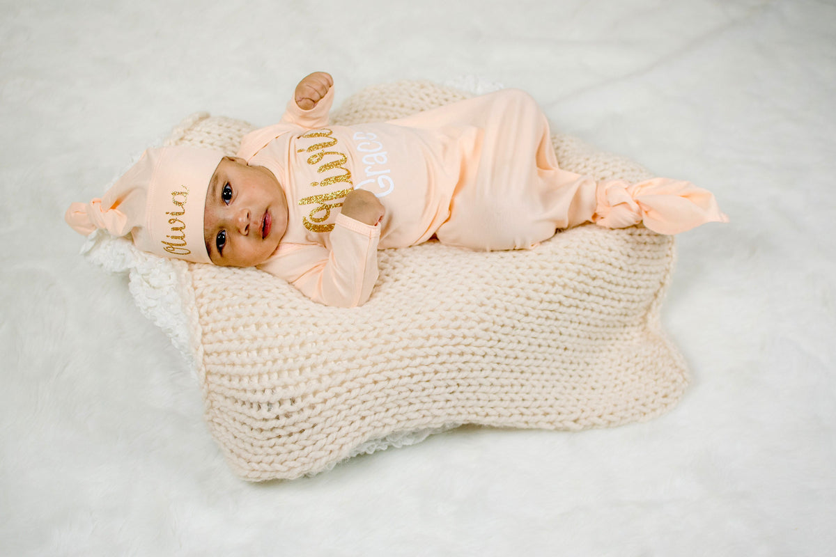 Personalized Peach Newborn Girl Outfit: Knotted Gown, Hat & Swaddle Set