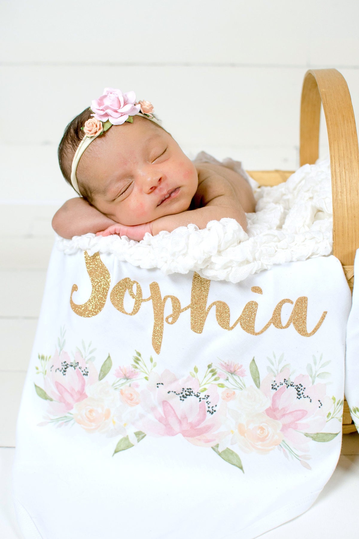 Personalized Peach Newborn Girl Outfit: Knotted Gown, Hat & Swaddle Set
