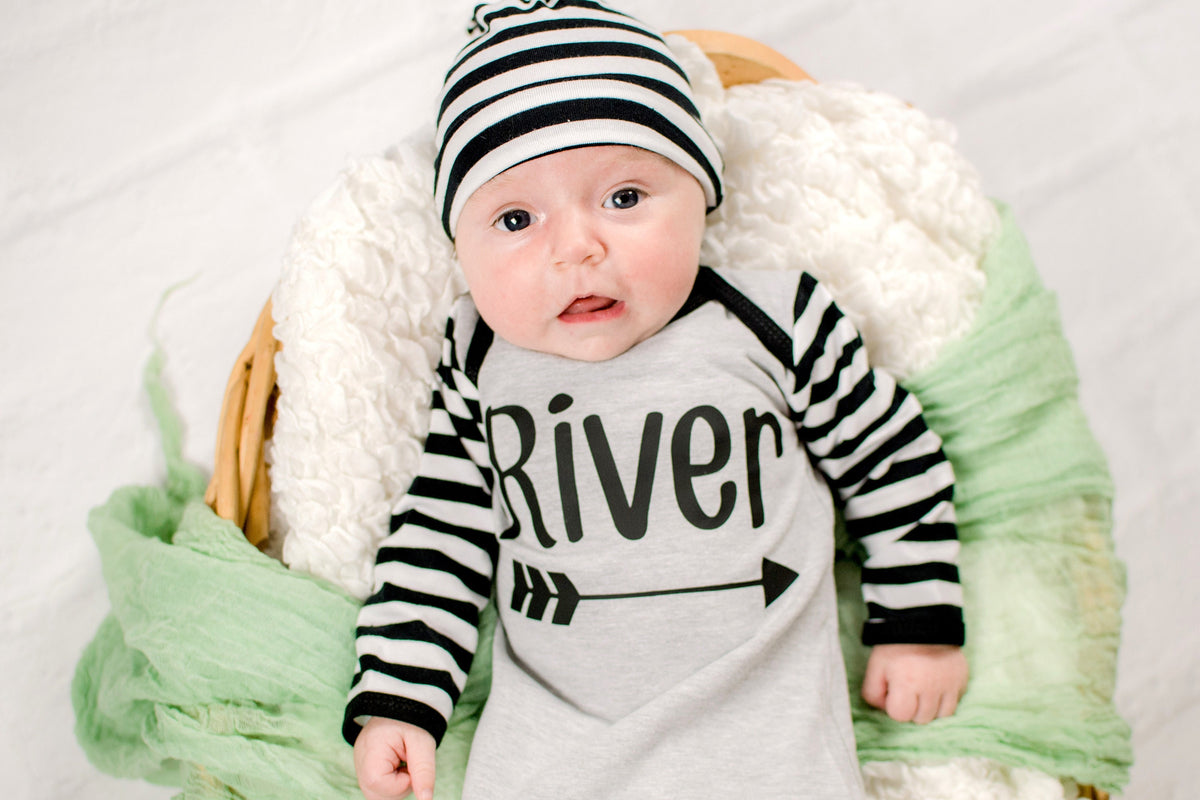 Personalized Newborn Boy Knotted Gown Outfit: Striped Sleeves, Leg Warmers