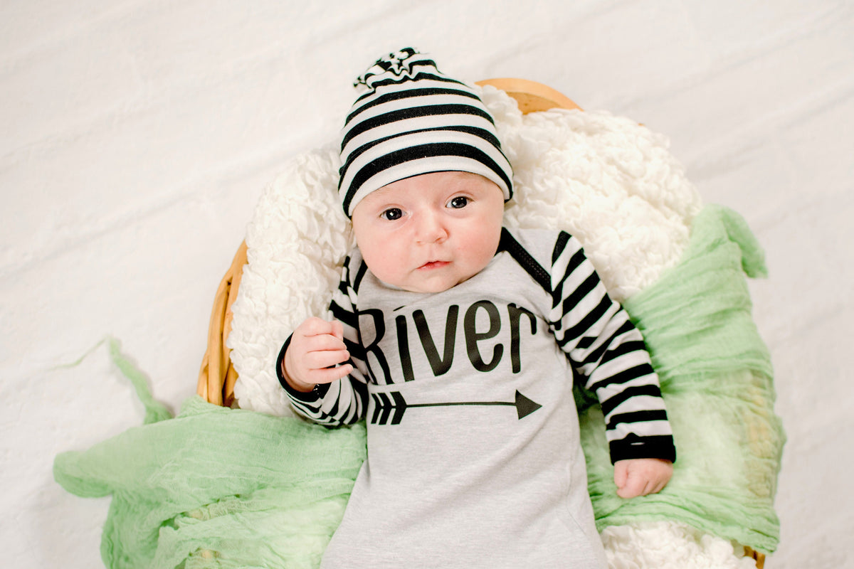 Personalized Newborn Boy Knotted Gown Outfit: Striped Sleeves, Leg Warmers