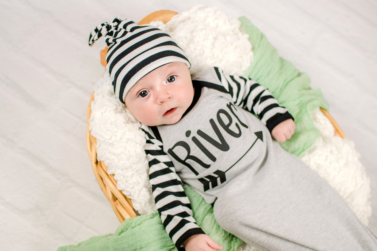 Personalized Newborn Boy Knotted Gown Outfit: Striped Sleeves, Leg Warmers