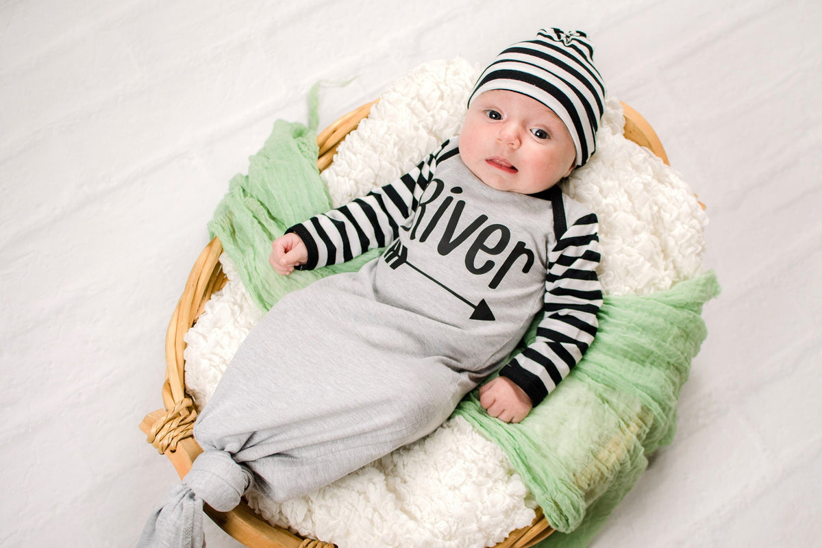 Personalized Newborn Boy Knotted Gown Outfit: Striped Sleeves, Leg Warmers