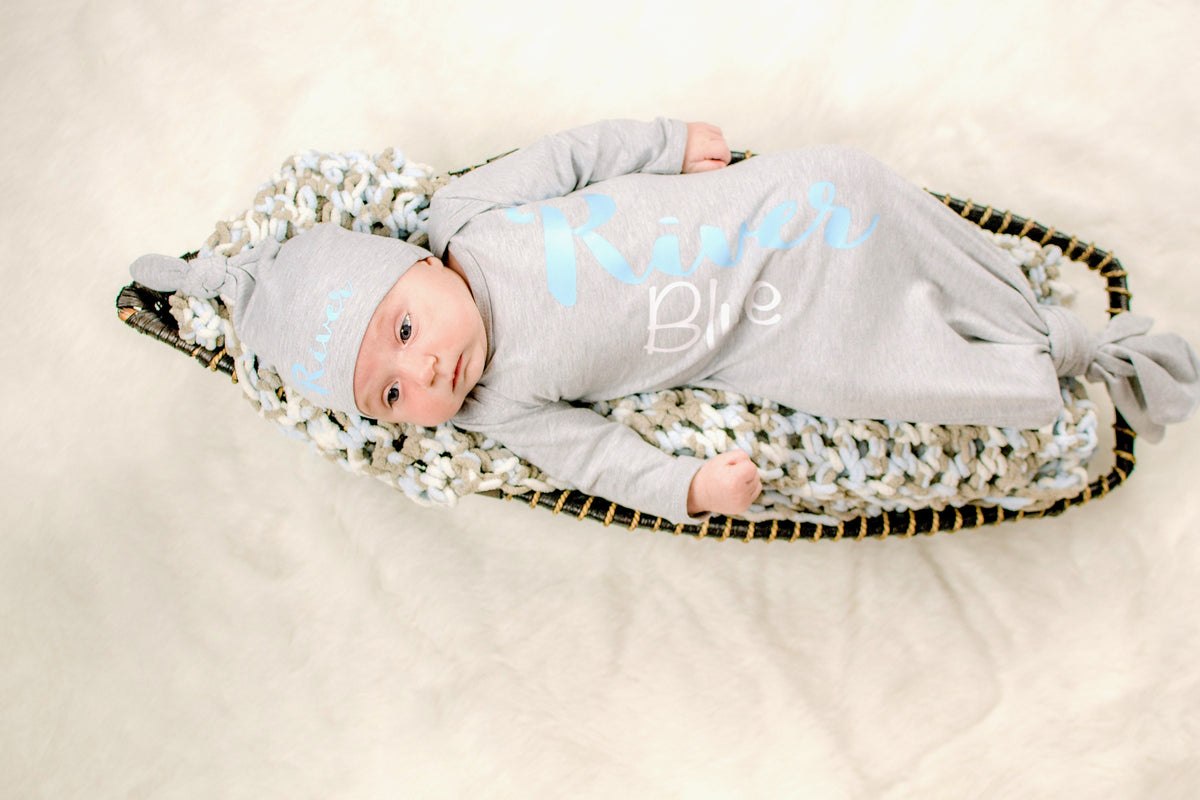 Personalized Baby Boy Knotted Gown: Newborn Coming Home Outfit