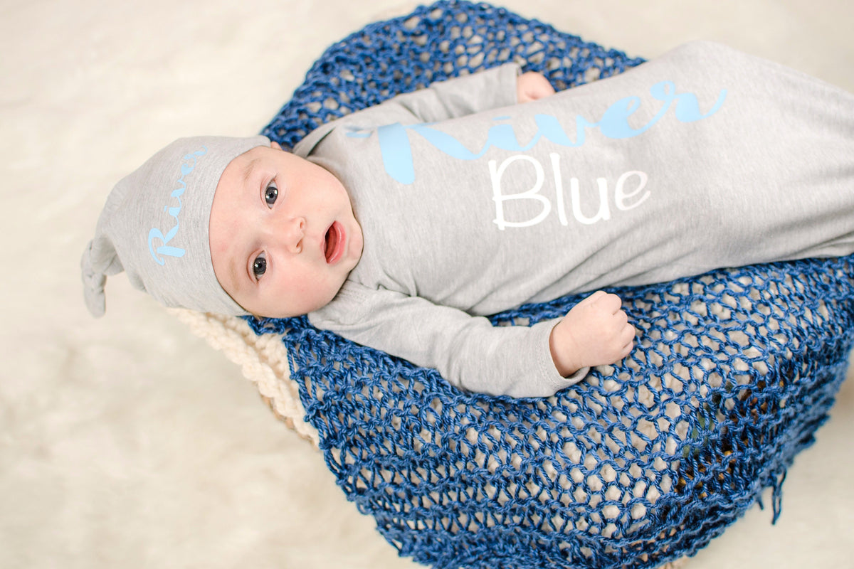 Personalized Baby Boy Knotted Gown: Newborn Coming Home Outfit