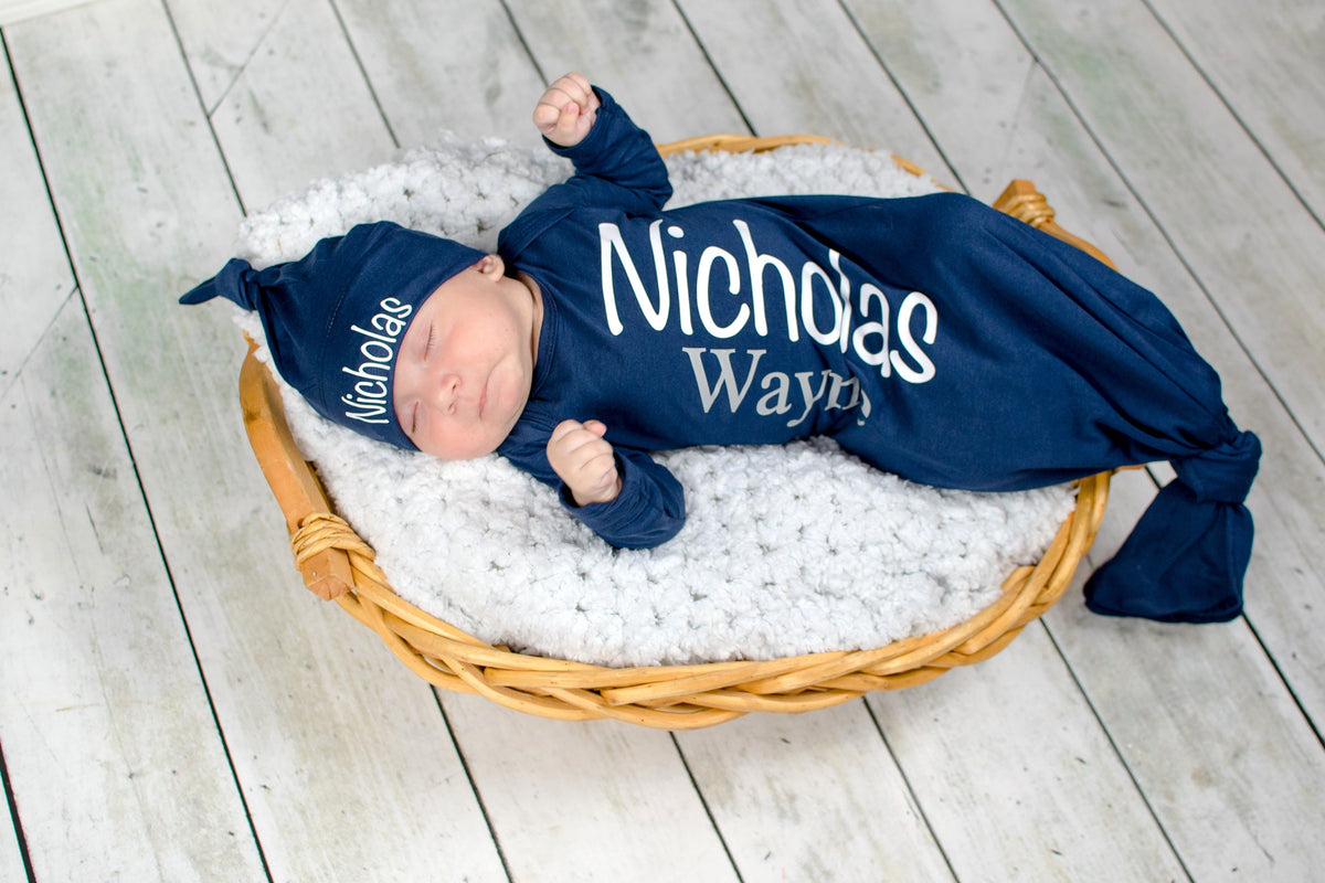 Personalized Newborn Boy Knotted Gown: Navy Baby Coming Home Outfit