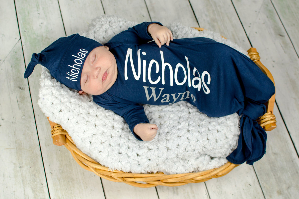 Personalized Newborn Boy Knotted Gown: Navy Baby Coming Home Outfit