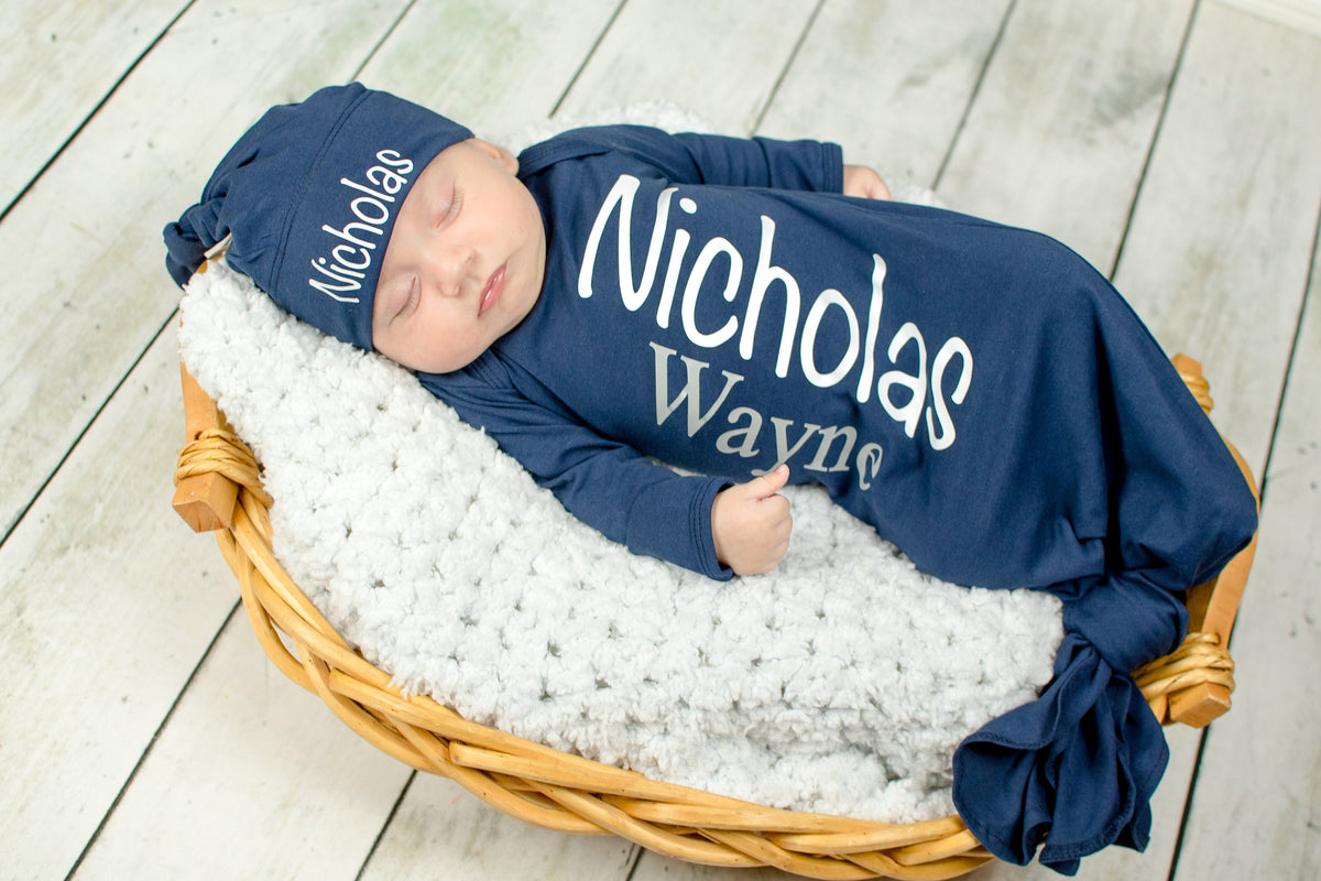 Personalized Newborn Boy Knotted Gown: Navy Baby Coming Home Outfit