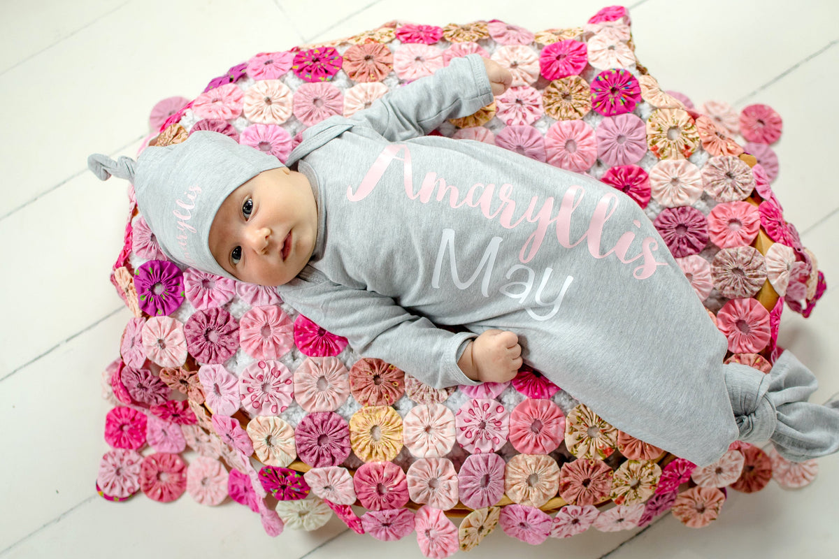 Personalized Newborn Knotted Gown: Gray & Pink Baby Girl Coming Home Outfit
