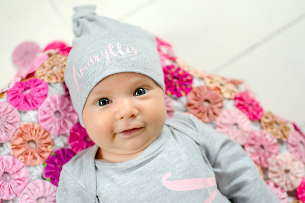 Personalized Newborn Knotted Gown: Gray & Pink Baby Girl Coming Home Outfit