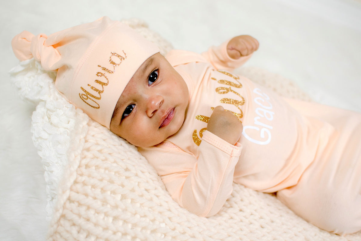 Personalized Peach Newborn Girl Outfit: Knotted Gown, Hat & Swaddle Set