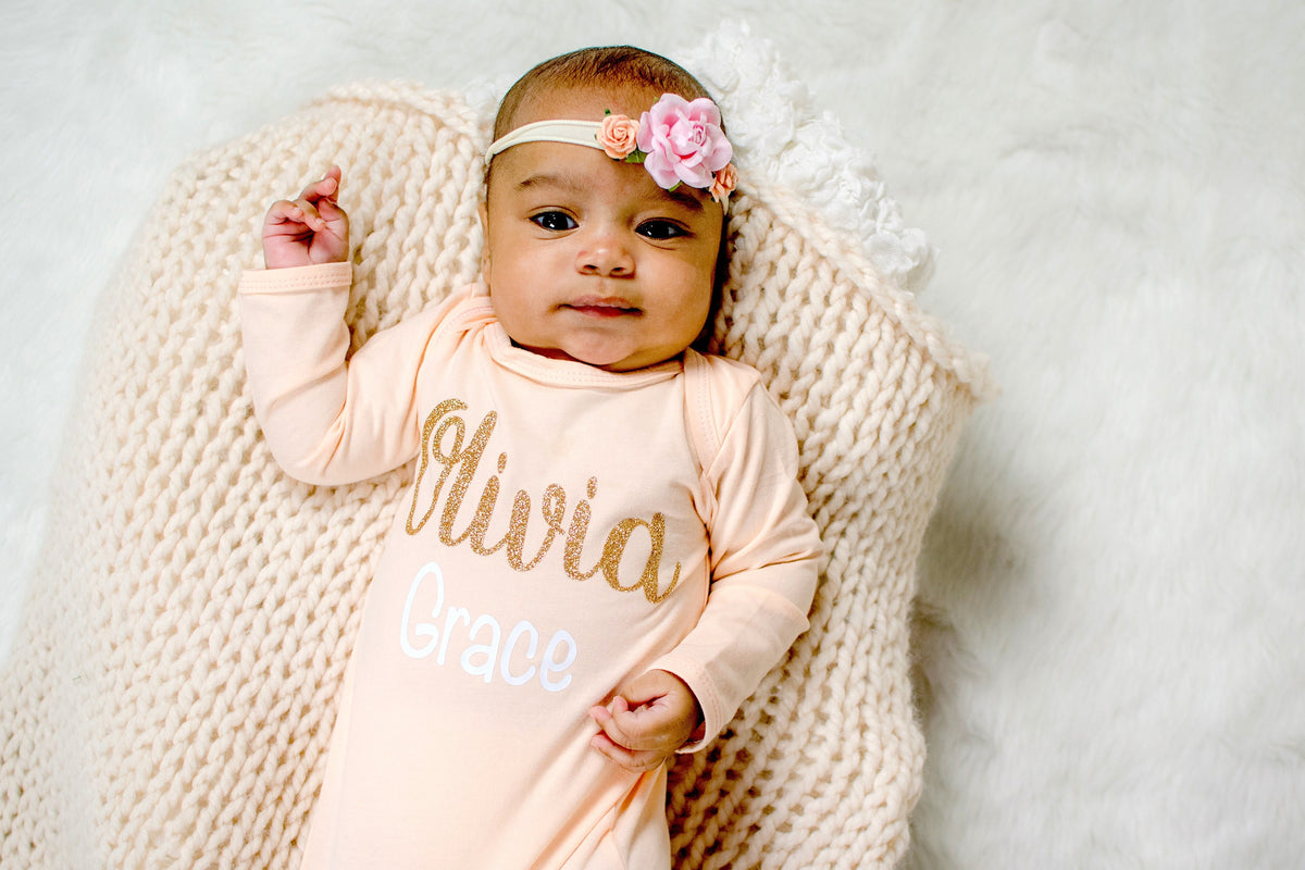 Personalized Peach Newborn Girl Outfit: Knotted Gown, Hat & Swaddle Set