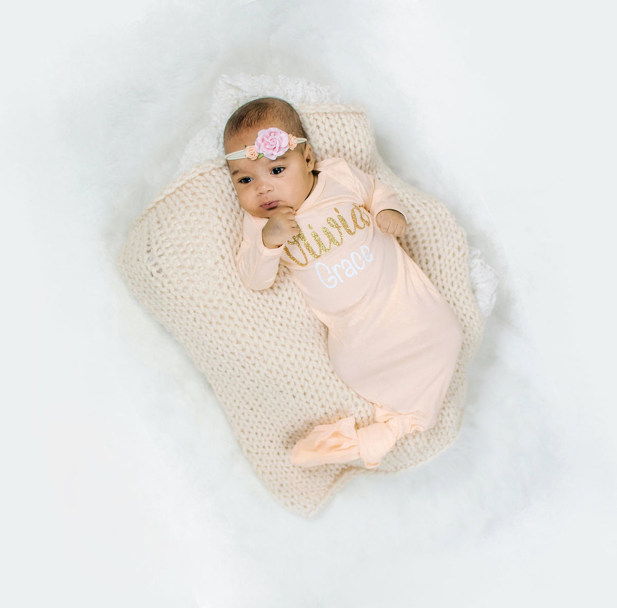 Personalized Peach Newborn Girl Outfit: Knotted Gown, Hat & Swaddle Set