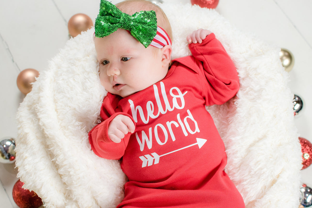 Newborn Girl Christmas Outfit: "Hello World" Red Gown