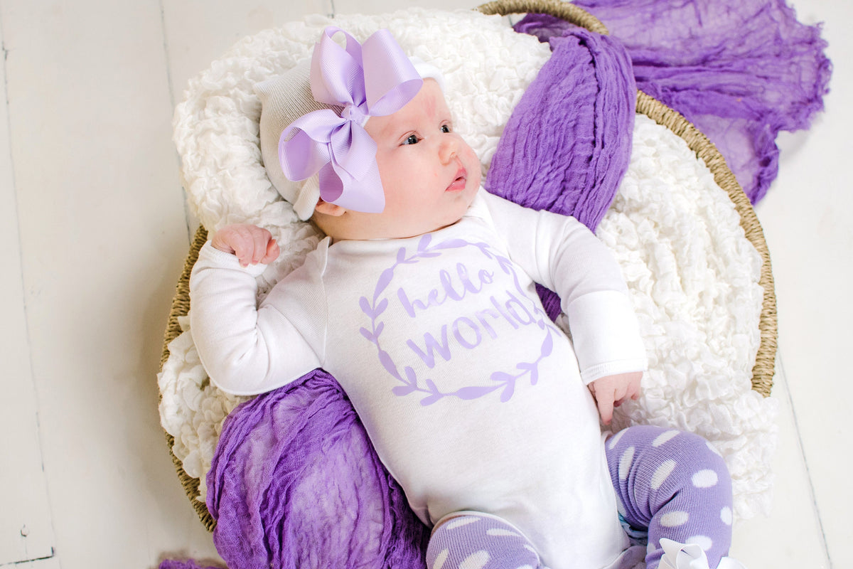 Newborn Girl Take Home Outfit: Lavender Polka Dot Leg Warmers, Headband