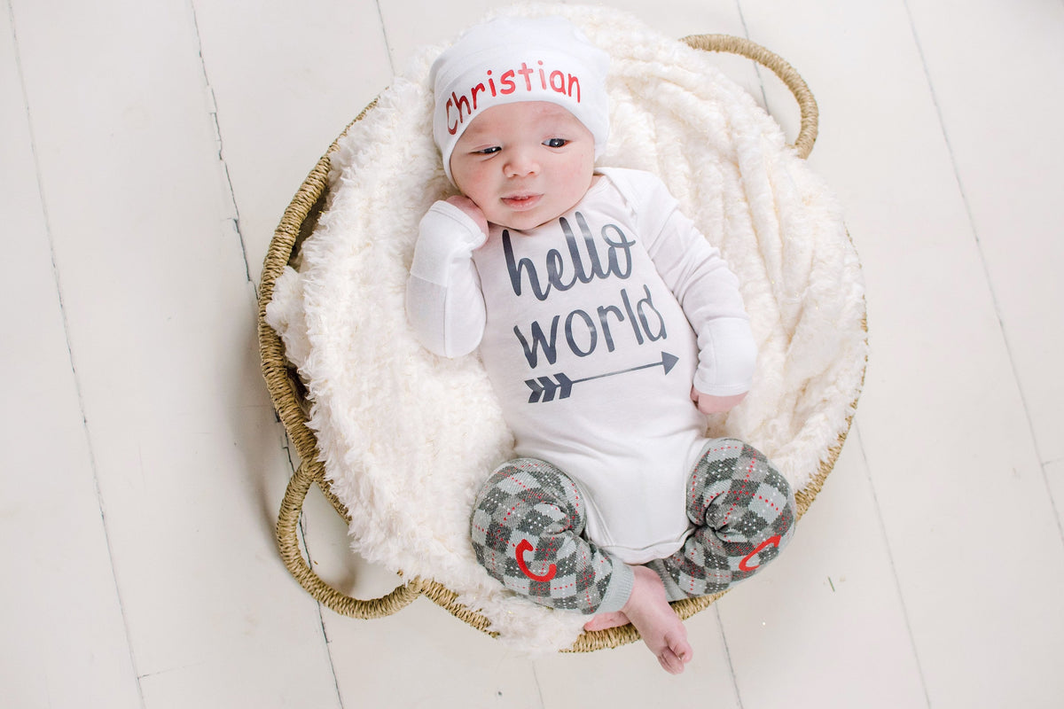 Hello World Newborn Outfit: Baby Boy Coming Home Outfit