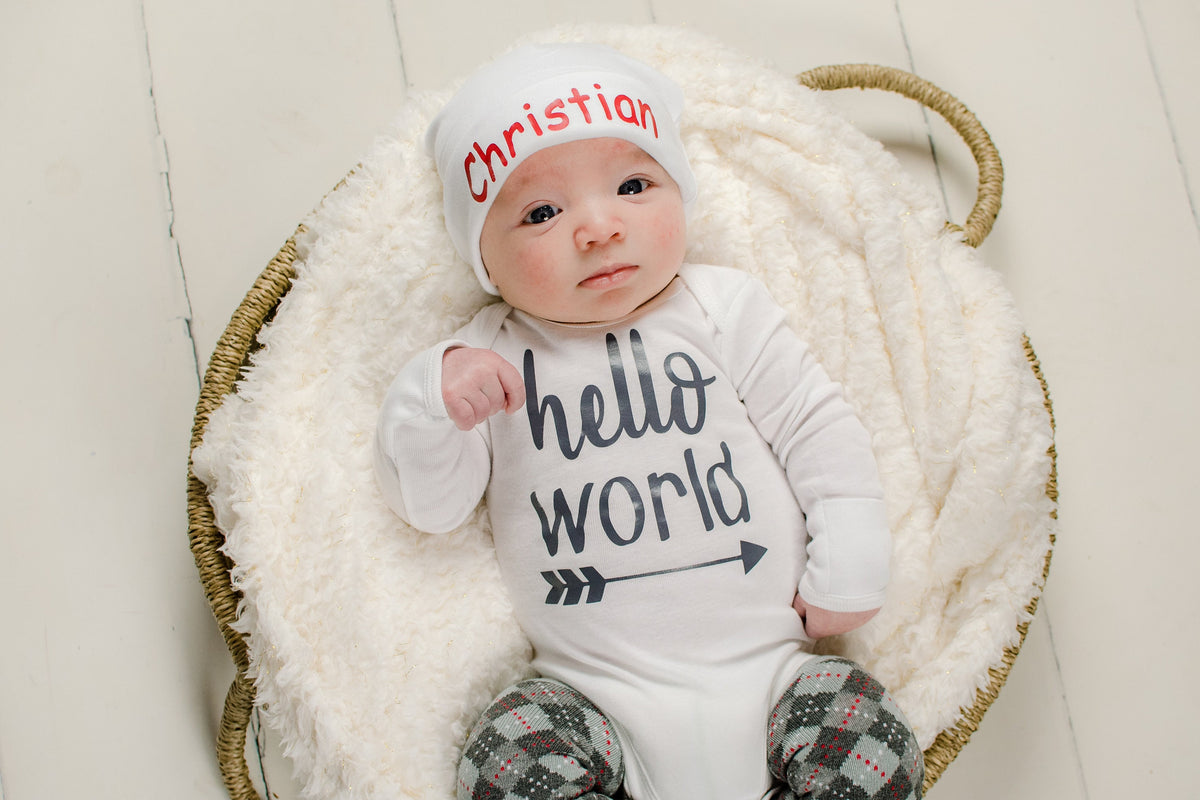Hello World Newborn Outfit: Baby Boy Coming Home Outfit