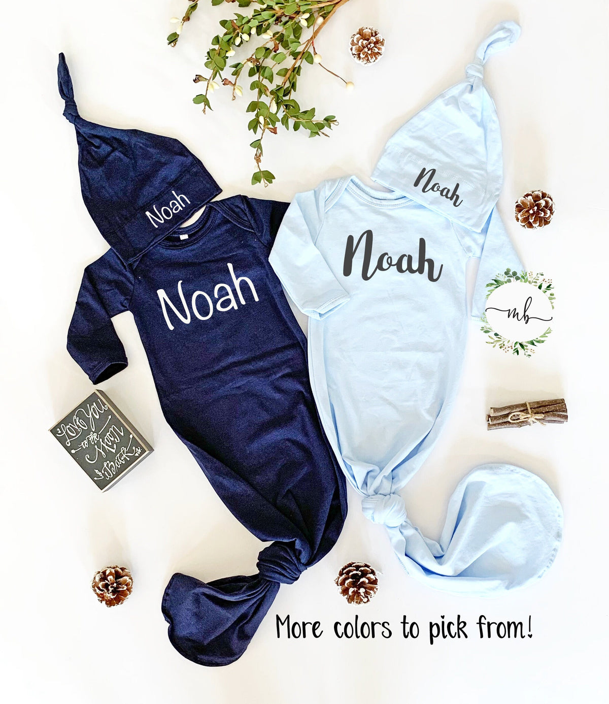 Personalized Baby Boy Knotted Gown and Hat Set: Cotton Newborn Outfit