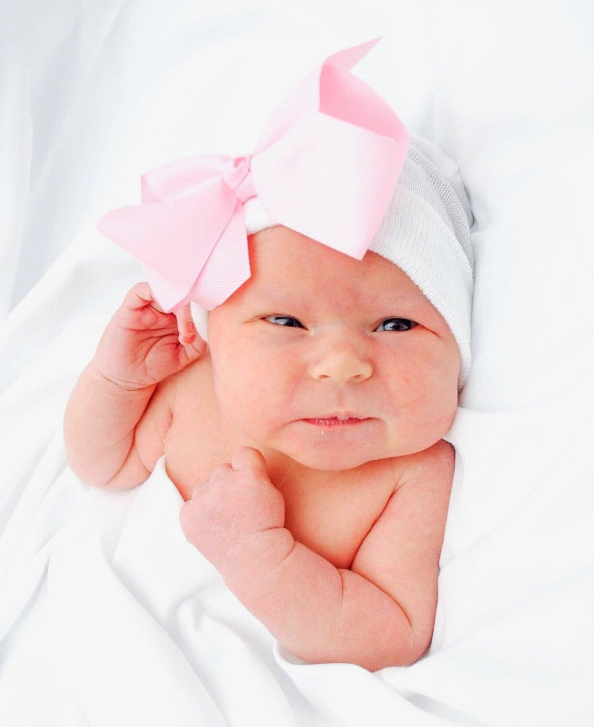 Newborn Girl Hat: Customizable Hospital Beanie with Grosgrain Bow