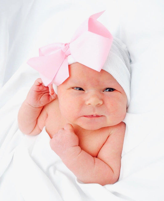 Newborn Girl Hat: Customizable Hospital Beanie with Grosgrain Bow