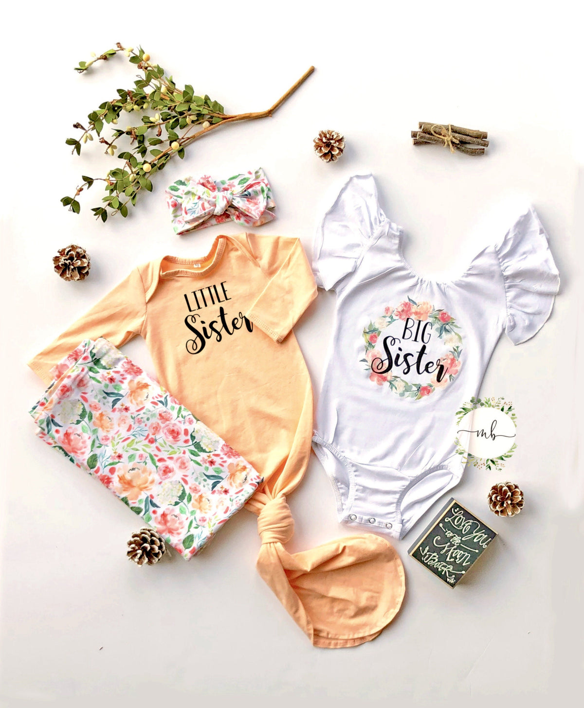 Personalized Peach Newborn Girl Outfit: Knotted Gown, Hat & Swaddle Set