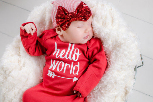 Baby Girl Valentines Outfit: "Hello World" Newborn Take Home Gown