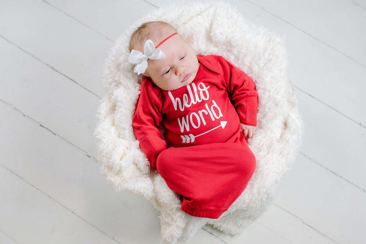 Baby Girl Valentines Outfit: "Hello World" Newborn Take Home Gown