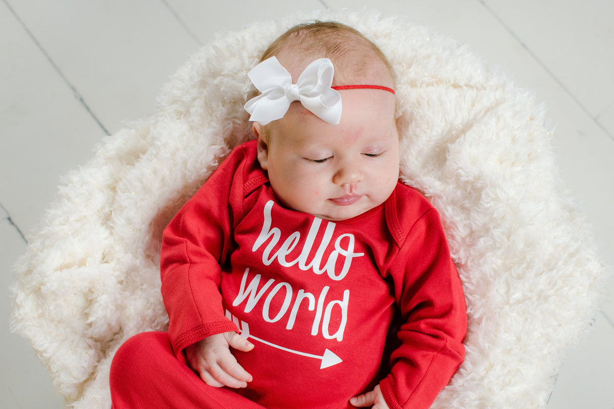 Baby Girl Valentines Outfit: "Hello World" Newborn Take Home Gown